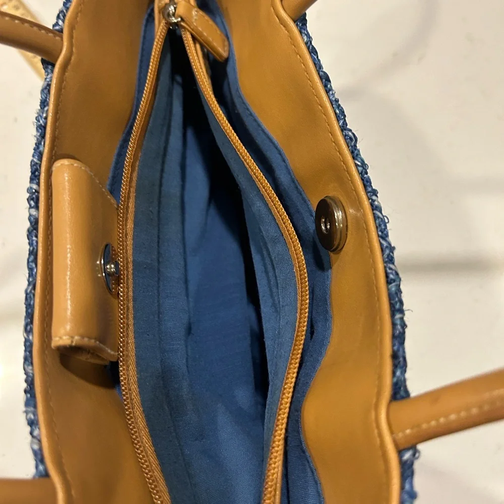 Blue Woven Straw Tote Floral Embroidered‎ Shoulder Bag Boho Cottagecore